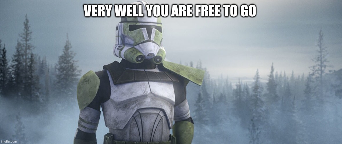 clone trooper | VERY WELL YOU ARE FREE TO GO | image tagged in clone trooper | made w/ Imgflip meme maker