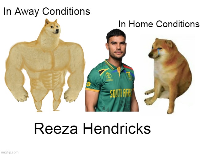 Reeza Hendricks | In Away Conditions; In Home Conditions; Reeza Hendricks | image tagged in memes,buff doge vs cheems | made w/ Imgflip meme maker