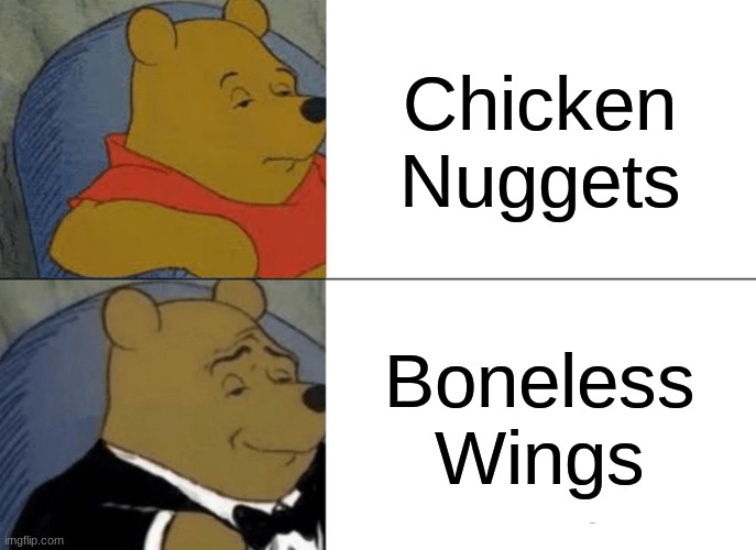 They're The Same | Chicken Nuggets; Boneless Wings | image tagged in memes,tuxedo winnie the pooh | made w/ Imgflip meme maker