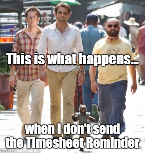 Timesheet Reminder | This is what happens... when I don't send the Timesheet Reminder | image tagged in hangover 2,timesheet reminder | made w/ Imgflip meme maker