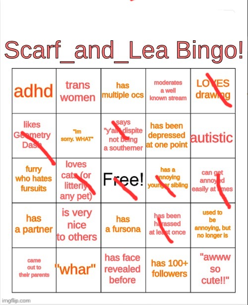 Scarf_and_Lea Bingo | image tagged in scarf_and_lea bingo | made w/ Imgflip meme maker