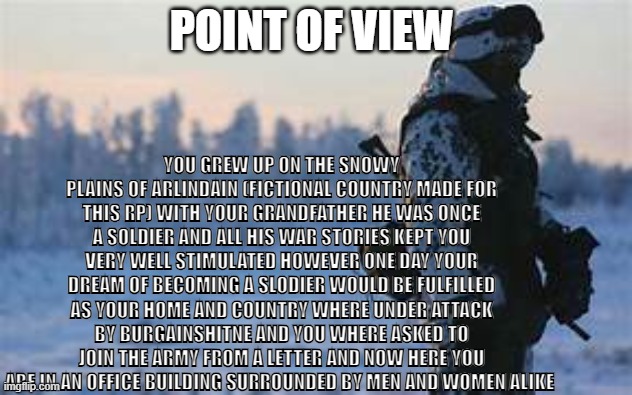 dunno | POINT OF VIEW; YOU GREW UP ON THE SNOWY PLAINS OF ARLINDAIN (FICTIONAL COUNTRY MADE FOR THIS RP) WITH YOUR GRANDFATHER HE WAS ONCE A SOLDIER AND ALL HIS WAR STORIES KEPT YOU VERY WELL STIMULATED HOWEVER ONE DAY YOUR DREAM OF BECOMING A SLODIER WOULD BE FULFILLED AS YOUR HOME AND COUNTRY WHERE UNDER ATTACK BY BURGAINSHITNE AND YOU WHERE ASKED TO JOIN THE ARMY FROM A LETTER AND NOW HERE YOU ARE IN AN OFFICE BUILDING SURROUNDED BY MEN AND WOMEN ALIKE | image tagged in dunno | made w/ Imgflip meme maker