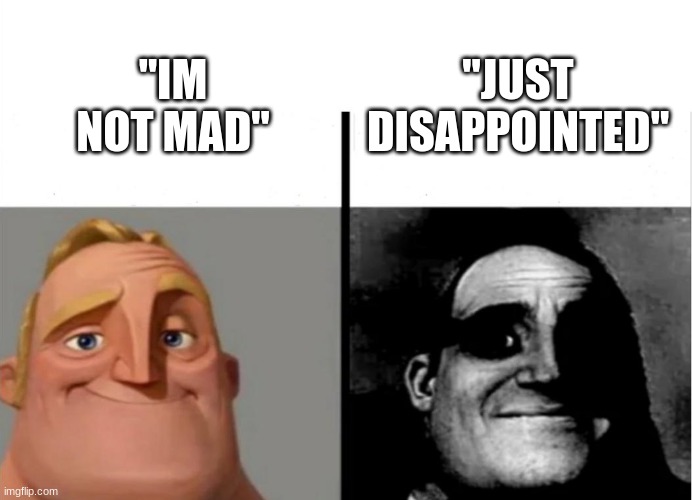 I hate when adults say this. it doesnt make it better it makes me feel worse. | "JUST DISAPPOINTED"; "IM NOT MAD" | image tagged in teacher's copy | made w/ Imgflip meme maker