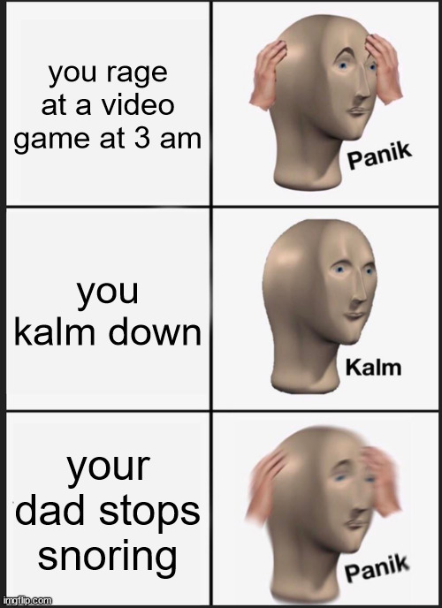 I'm making lots of memes for fun | you rage at a video game at 3 am; you kalm down; your dad stops snoring | image tagged in memes,panik kalm panik | made w/ Imgflip meme maker