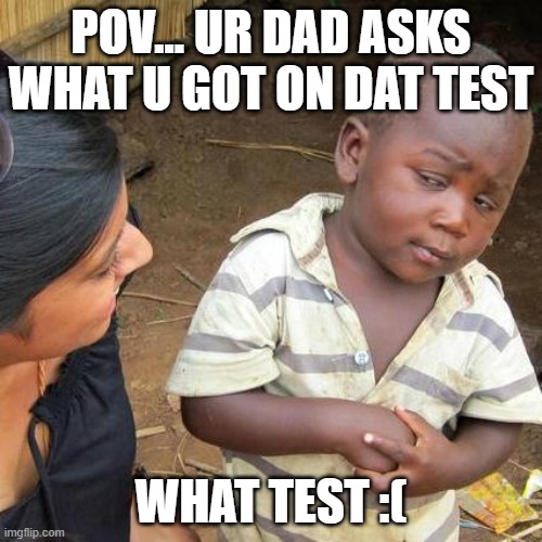 Third World Skeptical Kid | POV... UR DAD ASKS WHAT U GOT ON DAT TEST; WHAT TEST :( | image tagged in memes,third world skeptical kid | made w/ Imgflip meme maker