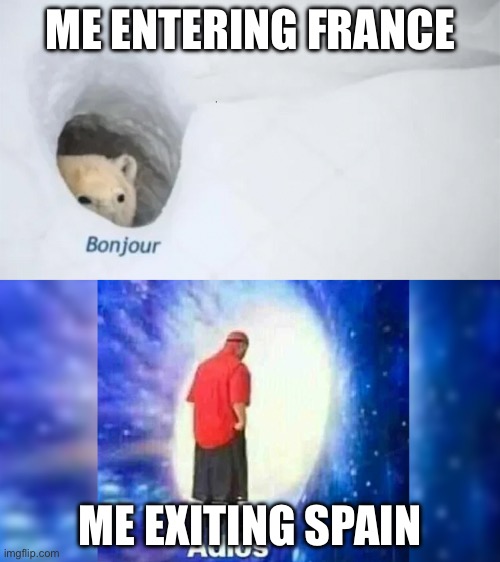 Bonjour Adios | ME ENTERING FRANCE; ME EXITING SPAIN | image tagged in bonjour adios | made w/ Imgflip meme maker