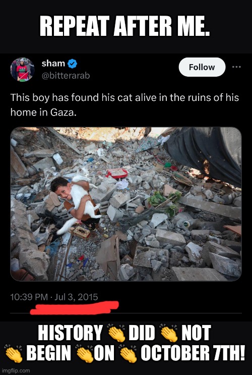 See this kid. He’s probably dead now. | REPEAT AFTER ME. HISTORY 👏 DID 👏 NOT 👏 BEGIN 👏ON 👏 OCTOBER 7TH! | image tagged in israel,palestine,genocide,ceasefire | made w/ Imgflip meme maker