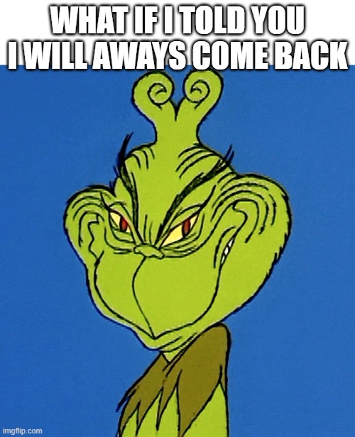 I WILL NEVER GO TO HELL HAHAHHAHA | WHAT IF I TOLD YOU I WILL AWAYS COME BACK | image tagged in grinch smile | made w/ Imgflip meme maker