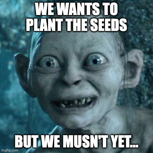 Gollum Meme | WE WANTS TO PLANT THE SEEDS; BUT WE MUSN'T YET... | image tagged in memes,gollum | made w/ Imgflip meme maker