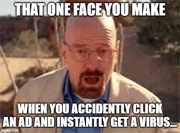 Don't ask... | THAT ONE FACE YOU MAKE; WHEN YOU ACCIDENTLY CLICK AN AD AND INSTANTLY GET A VIRUS... | image tagged in walter white | made w/ Imgflip meme maker