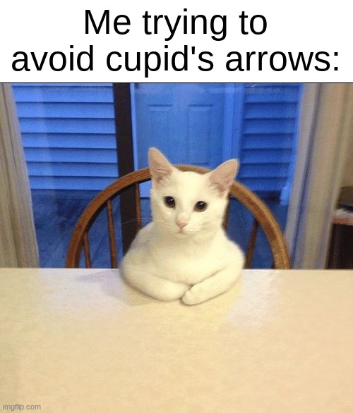 sit down human | Me trying to avoid cupid's arrows: | image tagged in sit down human | made w/ Imgflip meme maker