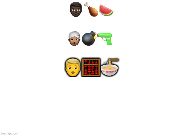 👨🏿🍗🍉; 👳🏽‍♂️💣🔫; 👱‍♂️🧮🍜 | made w/ Imgflip meme maker