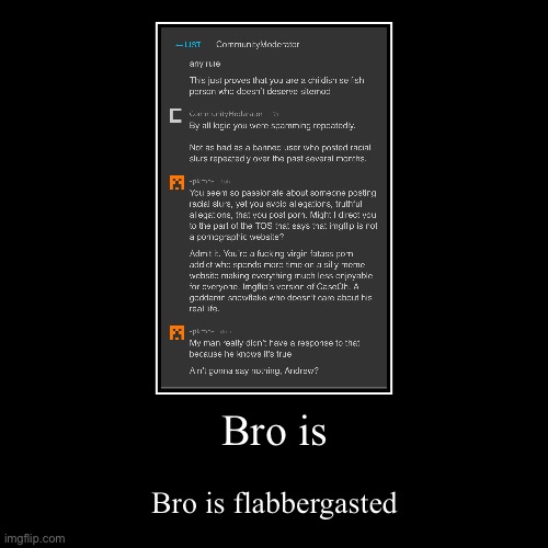 Ik this is technically cyber bullying but this man is a grown ass man and if he gets offended by this he should not be on the in | Bro is | Bro is flabbergasted | image tagged in funny,demotivationals | made w/ Imgflip demotivational maker