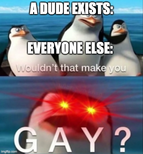 Wouldn't that make you gay | A DUDE EXISTS:; EVERYONE ELSE: | image tagged in wouldn't that make you gay | made w/ Imgflip meme maker