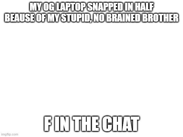 why i was offline... | MY OG LAPTOP SNAPPED IN HALF BEAUSE OF MY STUPID, NO BRAINED BROTHER; F IN THE CHAT | image tagged in zad | made w/ Imgflip meme maker