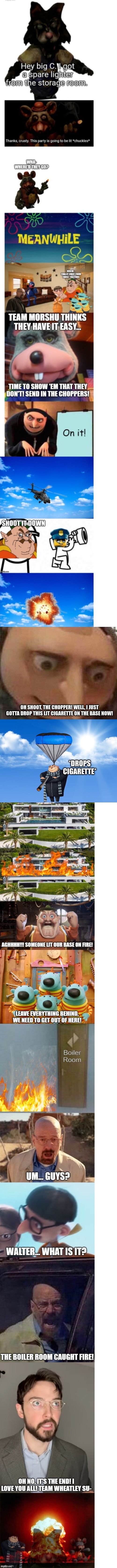 My chopper isn't bombproof, but parachutes exist in it and Gru was holding the cigarette away from the parachute | OH SHOOT, THE CHOPPER! WELL, I JUST GOTTA DROP THIS LIT CIGARETTE ON THE BASE NOW! *DROPS CIGARETTE* | image tagged in gru meme,blue sky | made w/ Imgflip meme maker