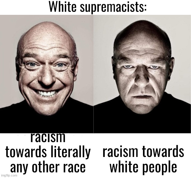 breaking bad smile frown | White supremacists:; racism towards literally any other race; racism towards white people | image tagged in breaking bad smile frown | made w/ Imgflip meme maker