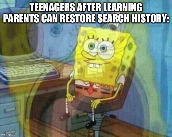 spongebob panic inside | TEENAGERS AFTER LEARNING PARENTS CAN RESTORE SEARCH HISTORY: | image tagged in spongebob panic inside | made w/ Imgflip meme maker