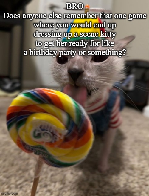 silly goober | BRO
Does anyone else remember that one game where you would end up dressing up a scene kitty to get her ready for like a birthday party or something? | image tagged in silly goober | made w/ Imgflip meme maker