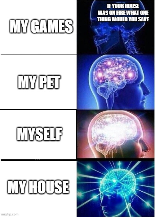 Expanding Brain | MY GAMES; IF YOUR HOUSE WAS ON FIRE WHAT ONE THING WOULD YOU SAVE; MY PET; MYSELF; MY HOUSE | image tagged in memes,expanding brain | made w/ Imgflip meme maker