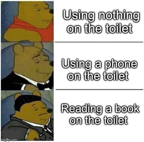 Whinnie The Pooh Sperm Bank | Using nothing on the toilet; Using a phone on the toilet; Reading a book on the toilet | image tagged in whinnie the pooh | made w/ Imgflip meme maker