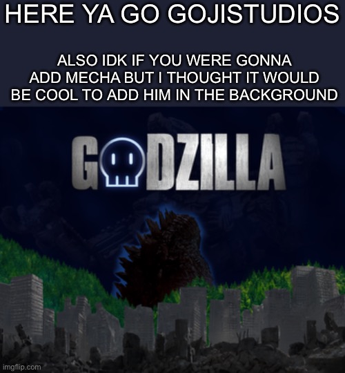 I thought I would be nice and make him a poster for his crossover | HERE YA GO GOJISTUDIOS; ALSO IDK IF YOU WERE GONNA ADD MECHA BUT I THOUGHT IT WOULD BE COOL TO ADD HIM IN THE BACKGROUND | image tagged in murder drones,godzilla | made w/ Imgflip meme maker