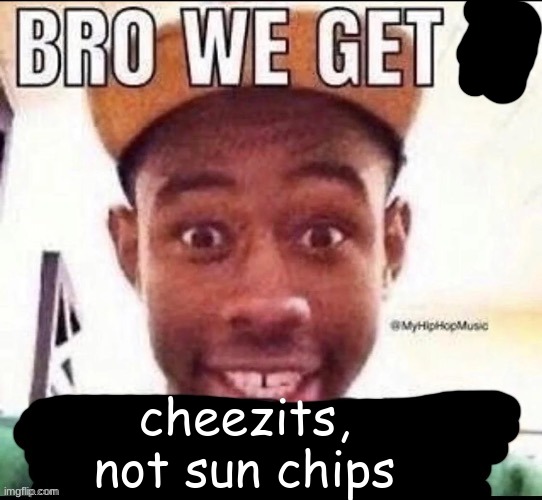 a convo with my irl friend: | cheezits, not sun chips | image tagged in bro we get it blank | made w/ Imgflip meme maker