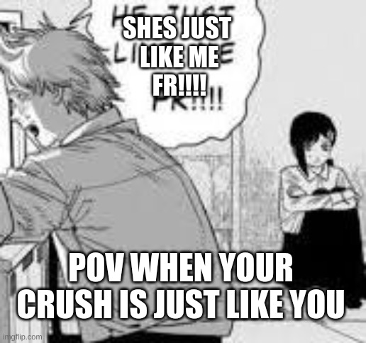memes | SHES JUST 
LIKE ME
FR!!!! POV WHEN YOUR CRUSH IS JUST LIKE YOU | image tagged in funny | made w/ Imgflip meme maker