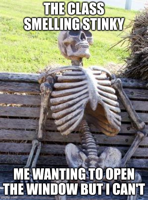 Waiting for the class to smell nice | THE CLASS SMELLING STINKY; ME WANTING TO OPEN THE WINDOW BUT I CAN'T | image tagged in memes,waiting skeleton | made w/ Imgflip meme maker