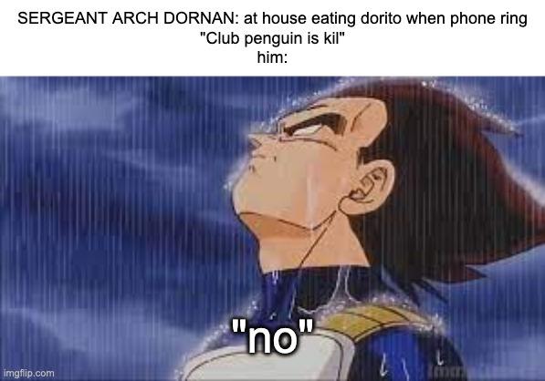 sad vegeta | SERGEANT ARCH DORNAN: at house eating dorito when phone ring
"Club penguin is kil"
him:; "no" | image tagged in sad vegeta | made w/ Imgflip meme maker