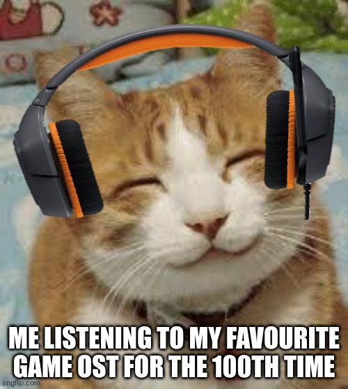 HAPPY HAPPY HAPPY | ME LISTENING TO MY FAVOURITE GAME OST FOR THE 100TH TIME | image tagged in happy cat,funny,cat | made w/ Imgflip meme maker