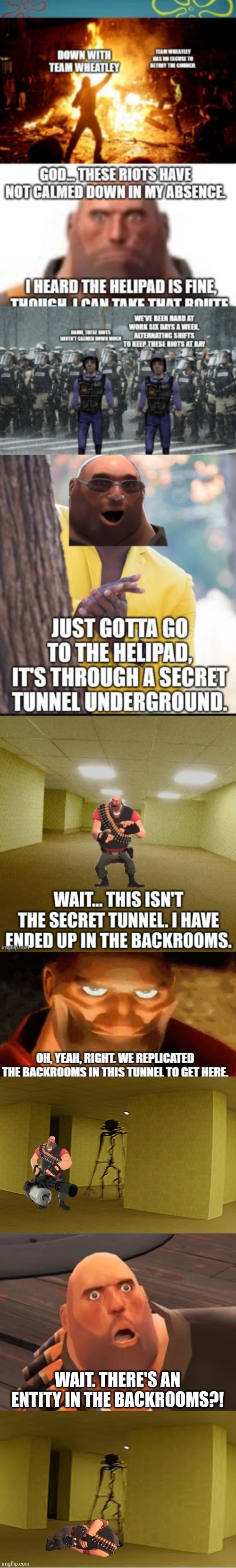 Heavy made a Terrible mistake. | WAIT. THERE'S AN ENTITY IN THE BACKROOMS?! | image tagged in backrooms entity,tf2 heavy | made w/ Imgflip meme maker