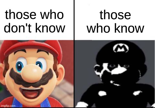 Happy mario Vs Dark Mario | those who don't know those who know | image tagged in happy mario vs dark mario | made w/ Imgflip meme maker