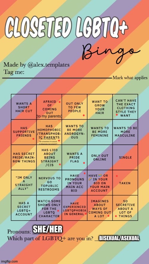 ^^ I love you guys (platonically) | (to my parents); My mom keeps saying the school/who I'm around is influencing me to be bi?? SHE/HER; BISEXUAL/ASEXUAL | image tagged in closeted lgbtq bingo | made w/ Imgflip meme maker