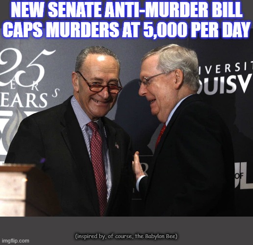 This will probably come true within a year | NEW SENATE ANTI-MURDER BILL CAPS MURDERS AT 5,000 PER DAY; (inspired by, of course, the Babylon Bee) | image tagged in politics,politics suck,politicians,politicians suck,congress sucks,stupid liberals | made w/ Imgflip meme maker