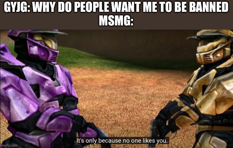 Also cause he zoophile | GYJG: WHY DO PEOPLE WANT ME TO BE BANNED
MSMG: | image tagged in its only because no one likes you | made w/ Imgflip meme maker
