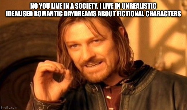 One Does Not Simply | NO YOU LIVE IN A SOCIETY, I LIVE IN UNREALISTIC IDEALISED ROMANTIC DAYDREAMS ABOUT FICTIONAL CHARACTERS | image tagged in memes,one does not simply | made w/ Imgflip meme maker