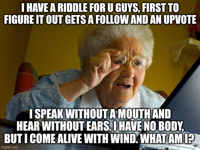 :D | I HAVE A RIDDLE FOR U GUYS, FIRST TO FIGURE IT OUT GETS A FOLLOW AND AN UPVOTE; I SPEAK WITHOUT A MOUTH AND HEAR WITHOUT EARS. I HAVE NO BODY, BUT I COME ALIVE WITH WIND. WHAT AM I? | image tagged in memes,grandma finds the internet | made w/ Imgflip meme maker