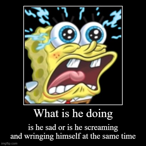 What is he doing | is he sad or is he screaming and wringing himself at the same time | image tagged in funny,demotivationals | made w/ Imgflip demotivational maker