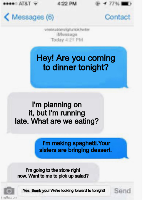 ESL Practice Text Conversation | Hey! Are you coming to dinner tonight? I'm planning on it, but I'm running late. What are we eating? I'm making spaghetti.Your sisters are bringing dessert. I'm going to the store right now. Want to me to pick up salad? Yes, thank you! We're looking forward to tonight! | image tagged in blank text conversation | made w/ Imgflip meme maker
