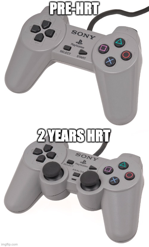 Only trans women will relate | PRE-HRT; 2 YEARS HRT | image tagged in hrt,meme,trans,mtf,transsexual,playstation | made w/ Imgflip meme maker