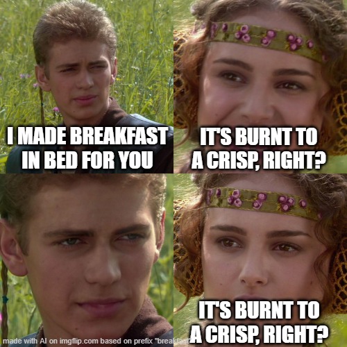 lol what | I MADE BREAKFAST IN BED FOR YOU; IT'S BURNT TO A CRISP, RIGHT? IT'S BURNT TO A CRISP, RIGHT? | image tagged in anakin padme 4 panel | made w/ Imgflip meme maker
