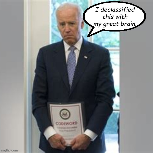 Joe Biden's psychic powers | I declassified this with my great brain. | image tagged in declassified,psychic power,i have total immunity,i am the country's top cop,top secret,maga microbrains | made w/ Imgflip meme maker