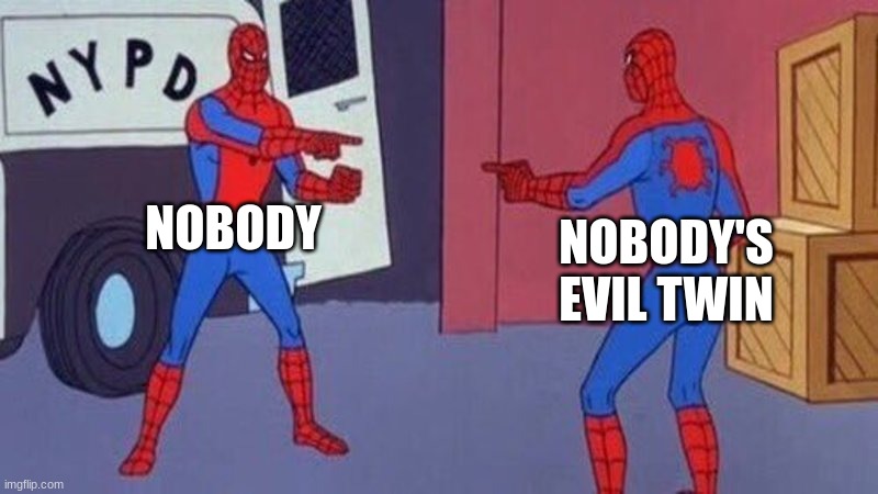 Nobody's evil twin | NOBODY; NOBODY'S EVIL TWIN | image tagged in spiderman pointing at spiderman,jpfan102504 | made w/ Imgflip meme maker