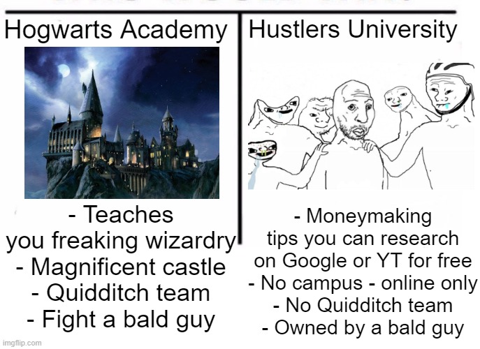 *-* | Hogwarts Academy; Hustlers University; - Teaches you freaking wizardry
- Magnificent castle
- Quidditch team
- Fight a bald guy; - Moneymaking tips you can research on Google or YT for free
- No campus - online only
- No Quidditch team
- Owned by a bald guy | image tagged in comparison table,memes,harry potter,hogwarts,hustlers university,sigma male | made w/ Imgflip meme maker
