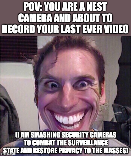 ANTI SURVEILLANCE LEAGUE FTW | POV: YOU ARE A NEST CAMERA AND ABOUT TO RECORD YOUR LAST EVER VIDEO; (I AM SMASHING SECURITY CAMERAS TO COMBAT THE SURVEILLANCE STATE AND RESTORE PRIVACY TO THE MASSES) | image tagged in jerma,nest,nest cam,doorbell camera,camera,surveillance | made w/ Imgflip meme maker