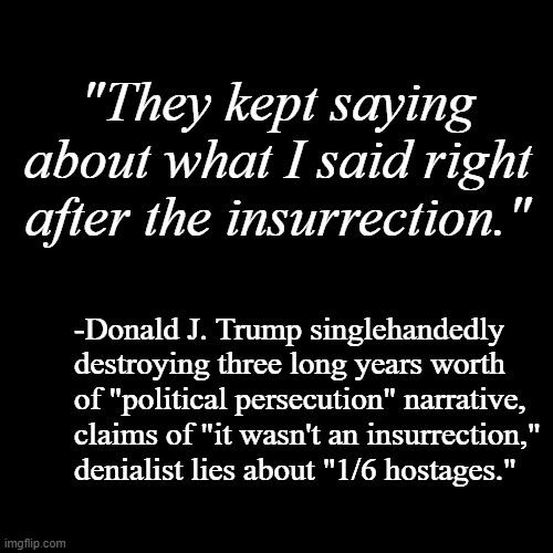 "Oops, all the insurrection." *OR* "How to destroy your defense lawyers' arguments in eleven words." | "They kept saying about what I said right after the insurrection."; -Donald J. Trump singlehandedly destroying three long years worth of "political persecution" narrative, claims of "it wasn't an insurrection," denialist lies about "1/6 hostages." | image tagged in plain black template,oops all the insurrection,whoops,now what | made w/ Imgflip meme maker