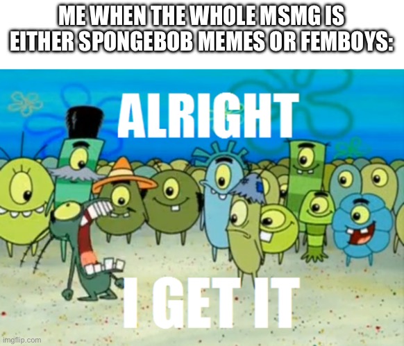 Alright I get It | ME WHEN THE WHOLE MSMG IS EITHER SPONGEBOB MEMES OR FEMBOYS: | image tagged in alright i get it | made w/ Imgflip meme maker