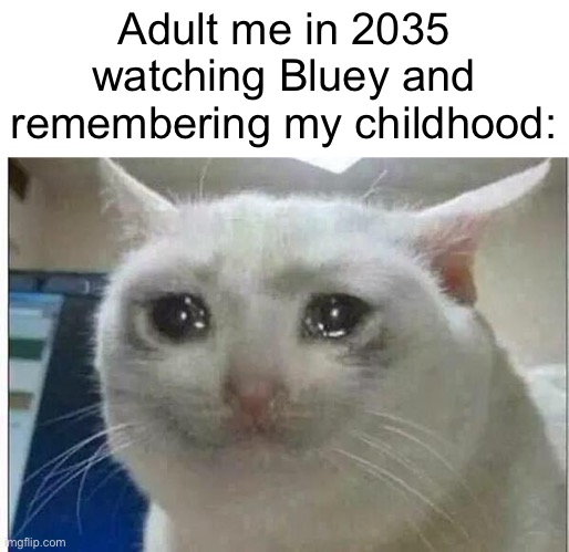 Bluey really will make adults cry | Adult me in 2035 watching Bluey and remembering my childhood: | image tagged in crying cat,bluey | made w/ Imgflip meme maker