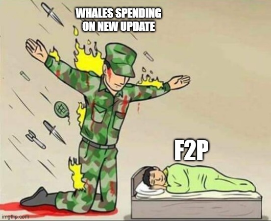 Soldier protecting sleeping child | WHALES SPENDING ON NEW UPDATE; F2P | image tagged in soldier protecting sleeping child | made w/ Imgflip meme maker